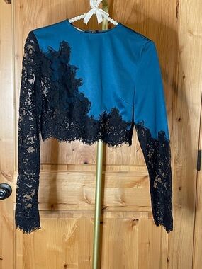 House of CB Teal Crop Top with Black Lace Overlay Size S